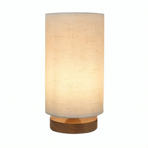 Tolaxa LumiAura. Minimalist Linen Table Lamp with Wooden Base