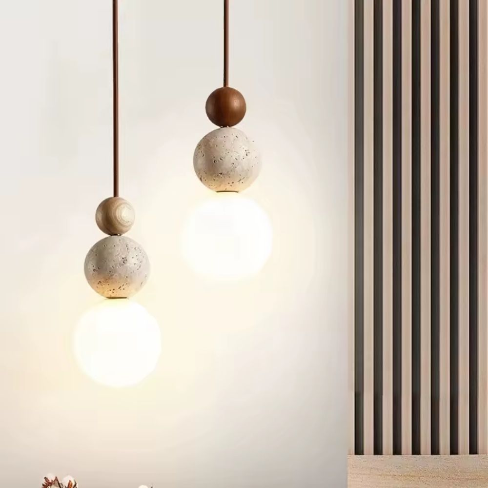 Tolaxa Orbis. Sculptural Pendant Light in Natural Stone & Wood