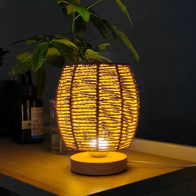 Tolaxa WovenGlow. Handcrafted Rattan Table Lamp with Wooden Base