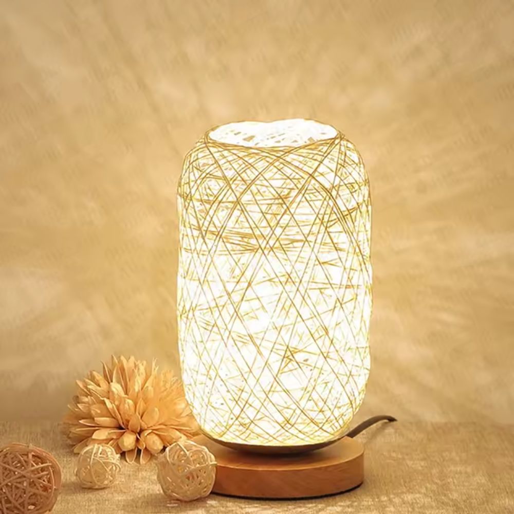 Tolaxa Dual-Tone Rattan Table Lamp. Warm White & Coffee Brown Ambiance