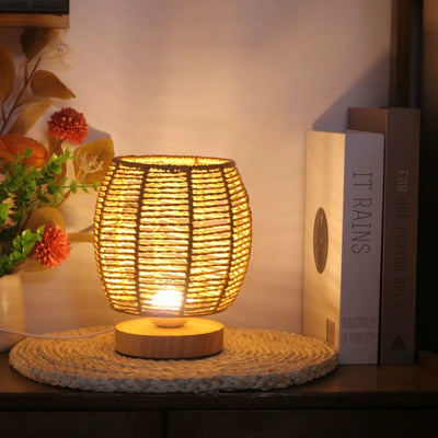 Tolaxa WovenGlow. Handcrafted Rattan Table Lamp with Wooden Base