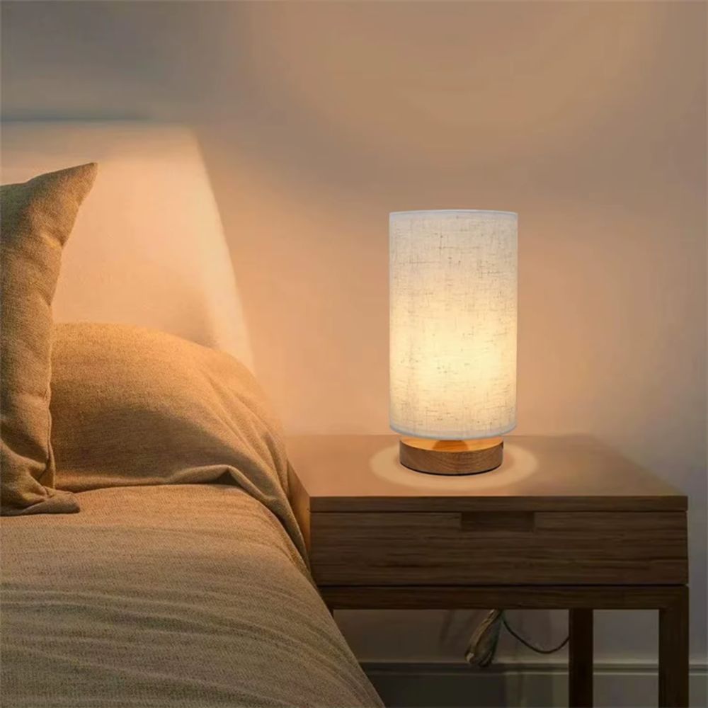 Tolaxa LumiAura. Minimalist Linen Table Lamp with Wooden Base
