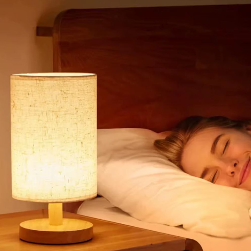 Tolaxa LumiAura. Minimalist Linen Table Lamp with Wooden Base